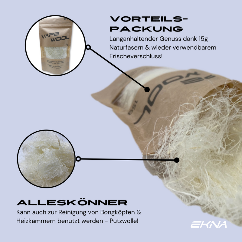 EKNA Vape Wool 15g - Degummierte Hanffasern für alle Vaporizer - Vape Watte - Verdampfer Wolle verhindert Verstopfung, bringt perfekten Durchzug - Nachhaltige Alternative-Freizeit & Trends-EKNA GmbH & Co. KG